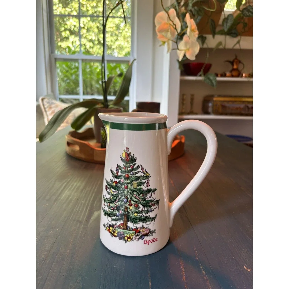 Spode Christmas Tree Pitcher Teleflora Gift Holiday Ceramic Jug White Green Rim